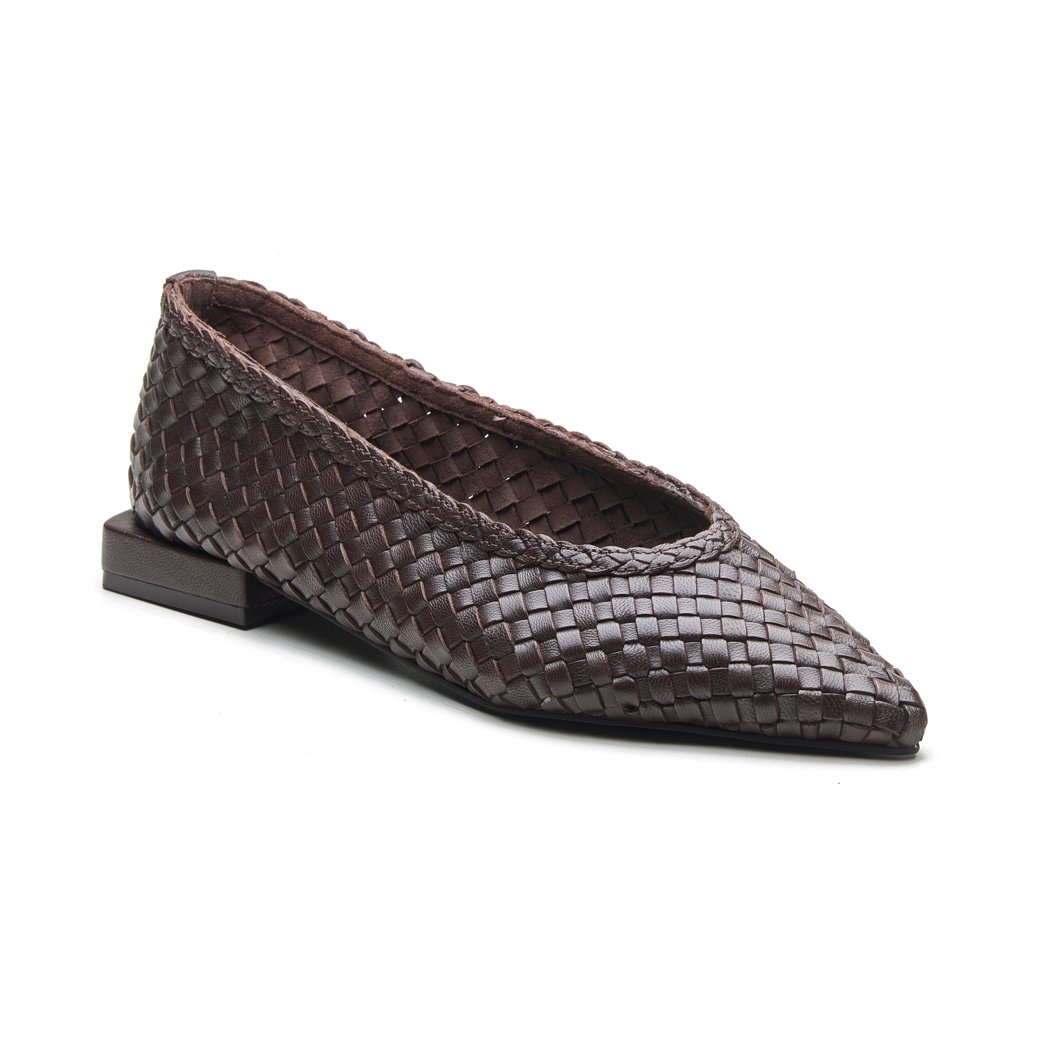 Yara Women's Leather Weave Pointed Ballerinas- Brown