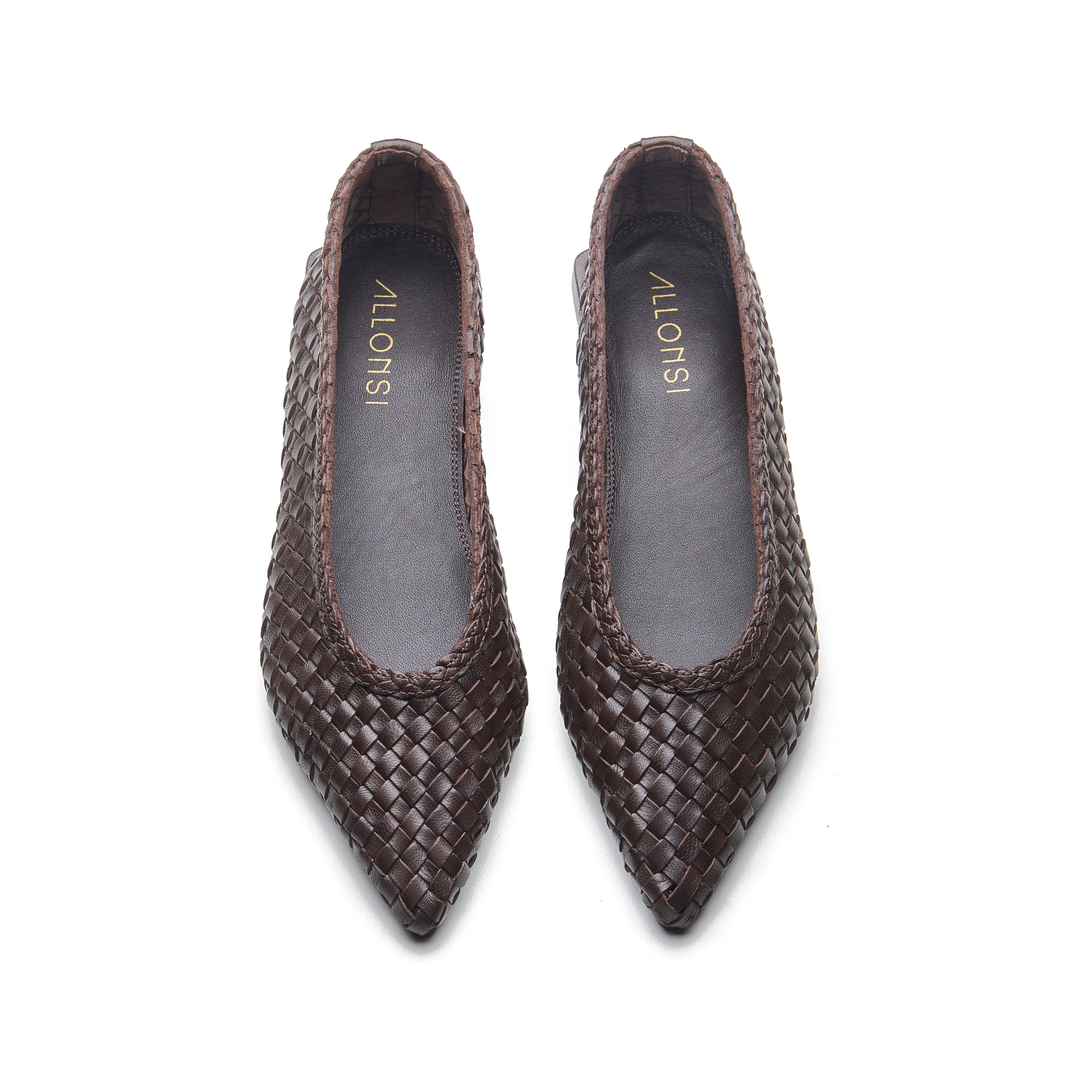 Yara Women's Leather Weave Pointed Ballerinas- Brown